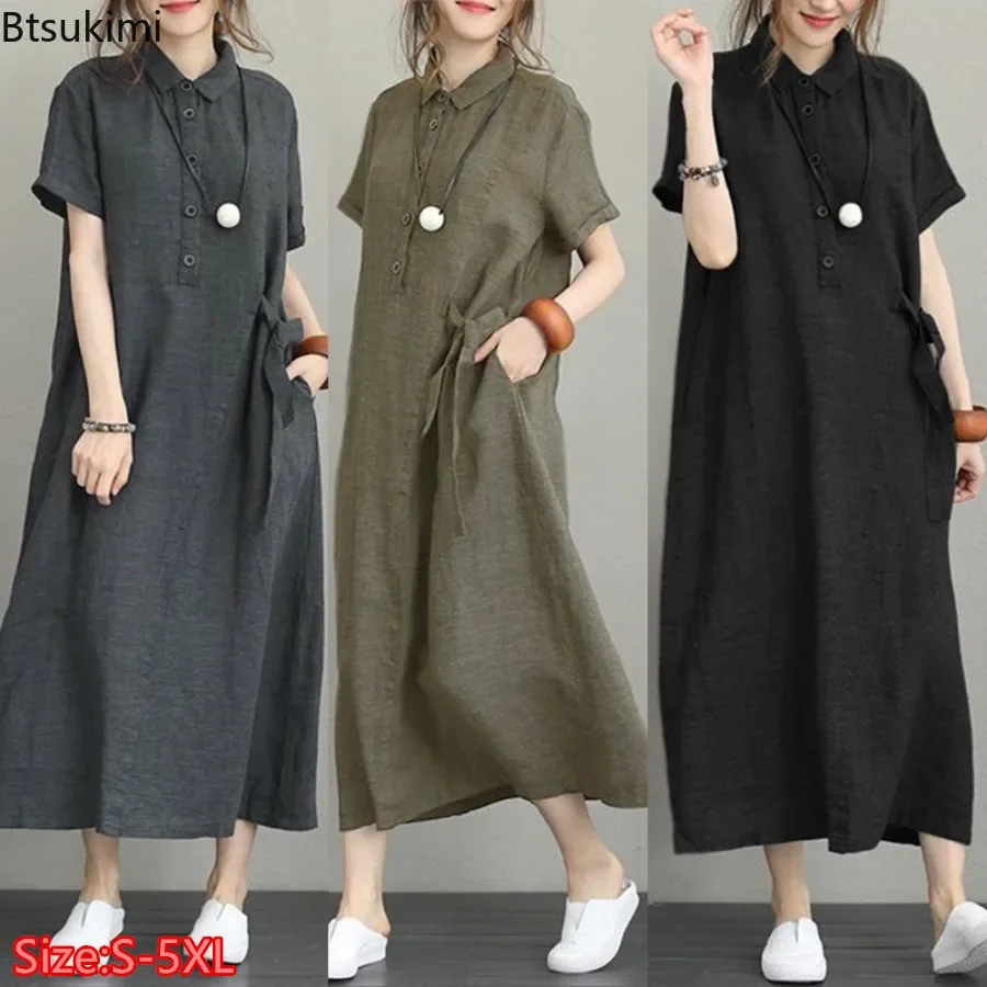 Casual Loose Linen Shirt Dress - Vestido Longo Feminino de Verão 2026