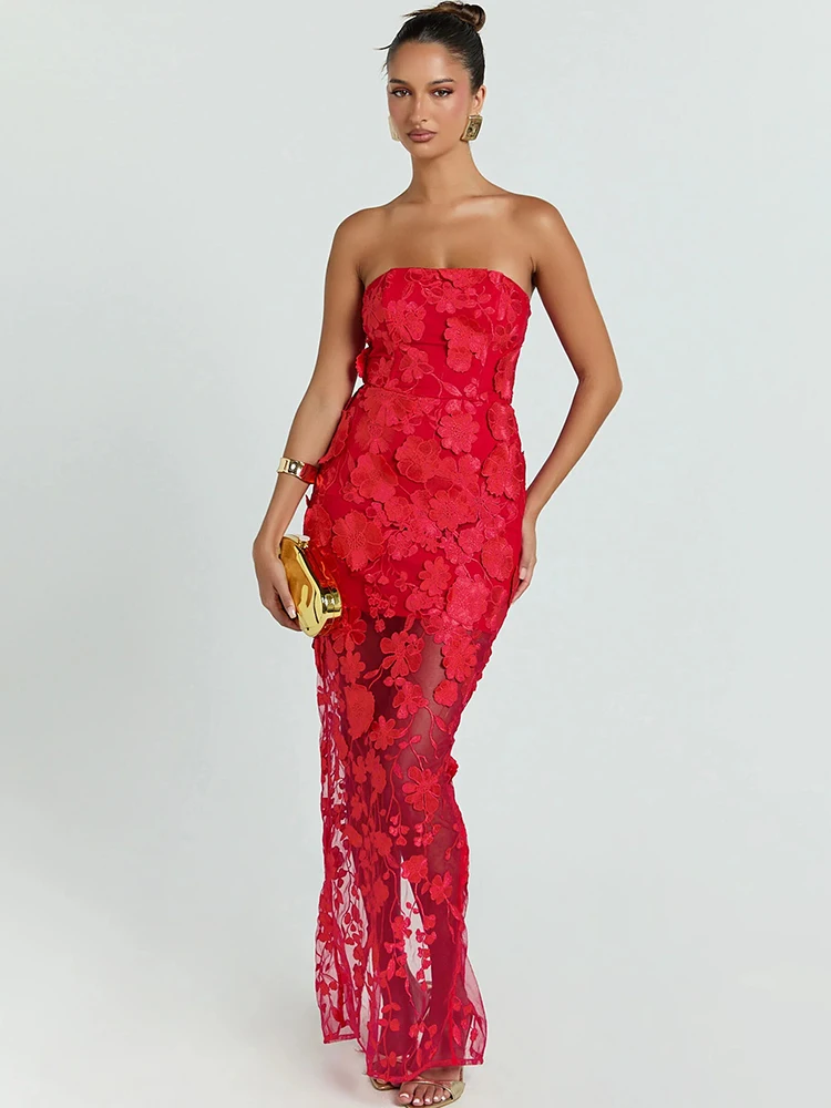 Sexy Mesh Sheer Bodycon Dress - Vestido Maxi Sexy de Renda Floral
