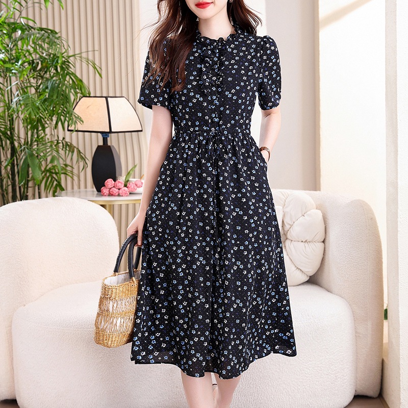 French Vintage Floral Midi Dress - Vestido Midi Vintage Azul Marinho com