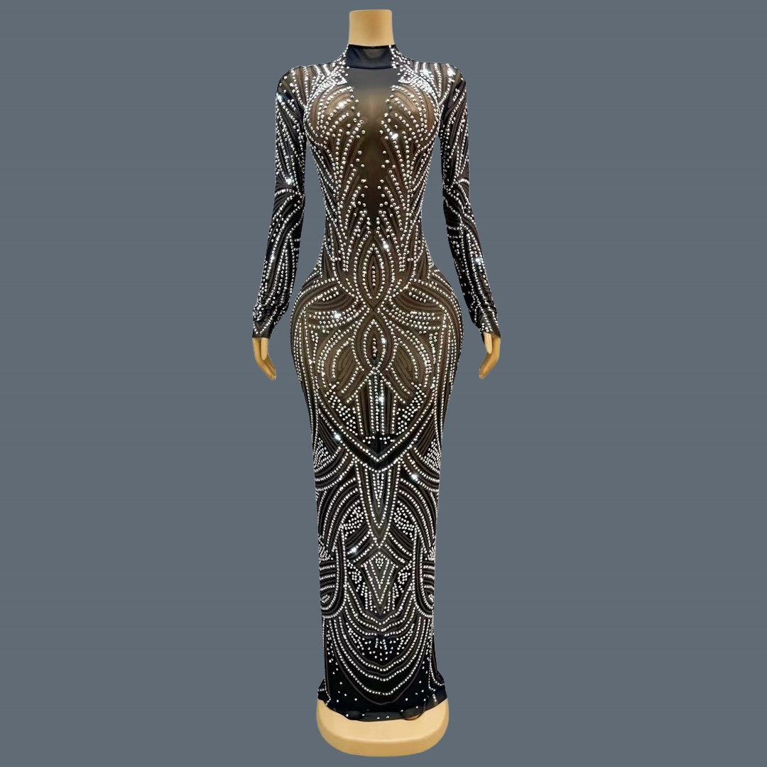 Sparkly Rhinestone Club Party Dress - Vestido de Noite Preto com Strass