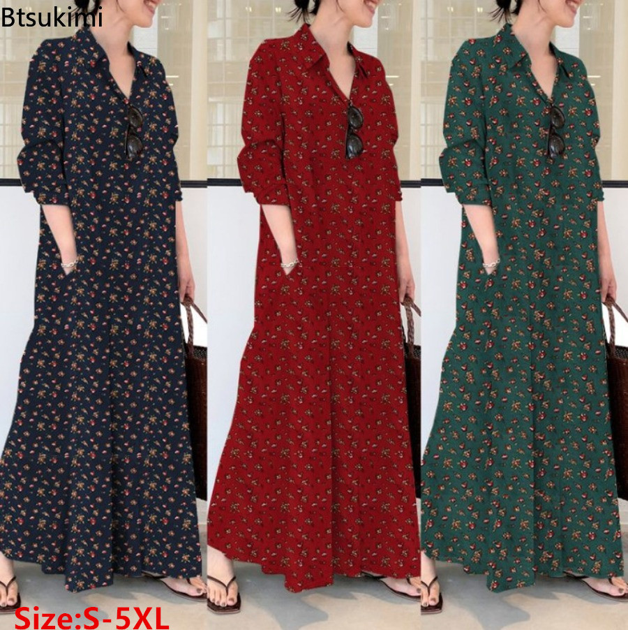 Novo Vestido Longo Estampado p - Casual Loose Linen Shirt Dress avaliação e preço