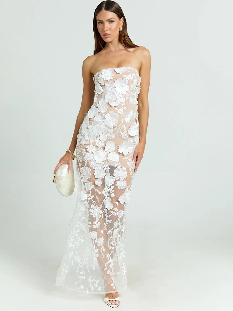 Vestido Maxi Sexy de Renda Flo - Sexy Mesh Sheer Bodycon Dress avaliação e preço