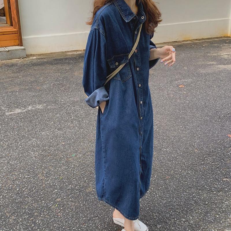 Novo Vestido Camisa Jeans Femi - Korean Style A Line Shirt Dress avaliação e preço